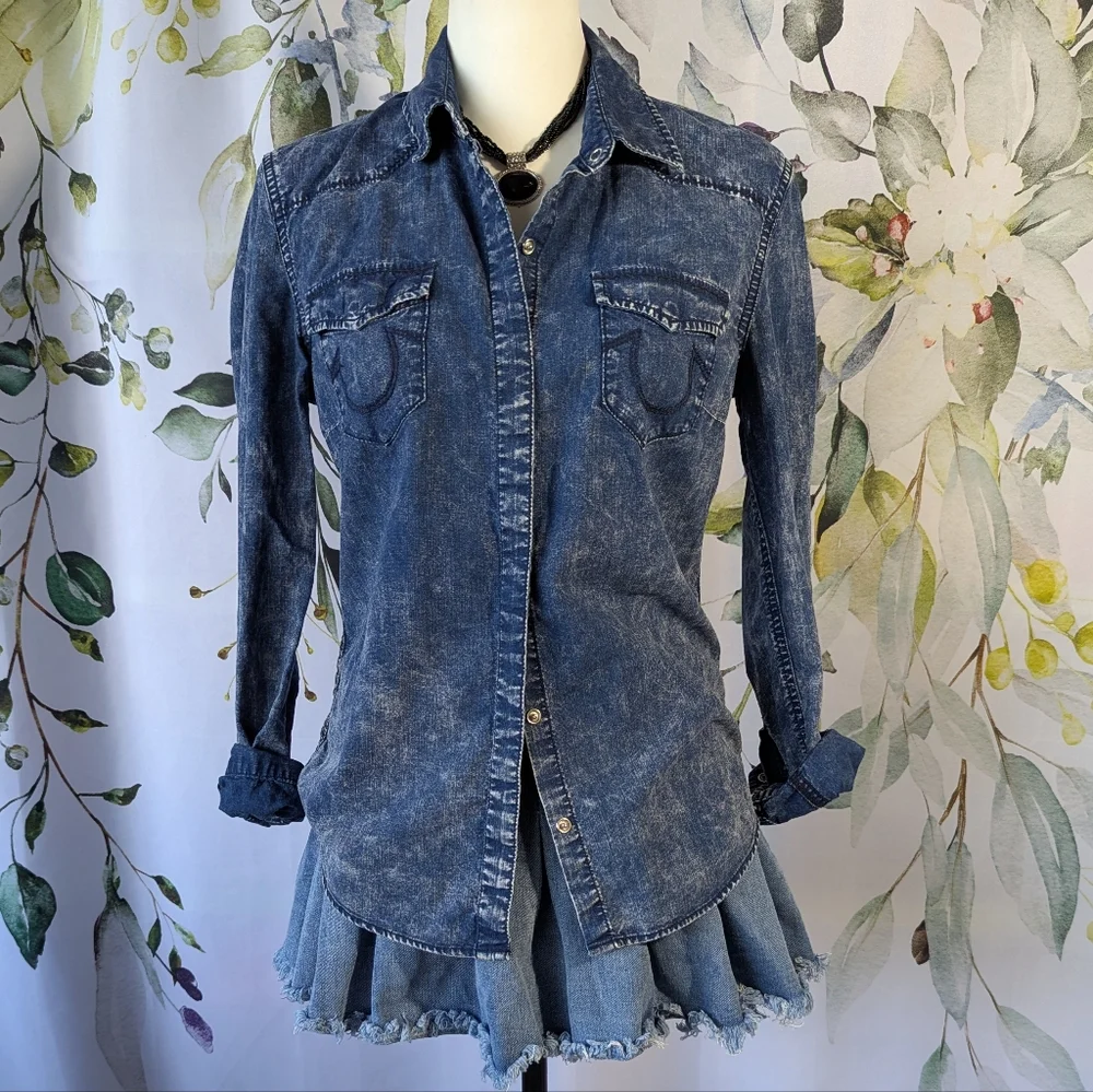 True Religion Dark Wash Denim Button Down - Picture 2 of 7